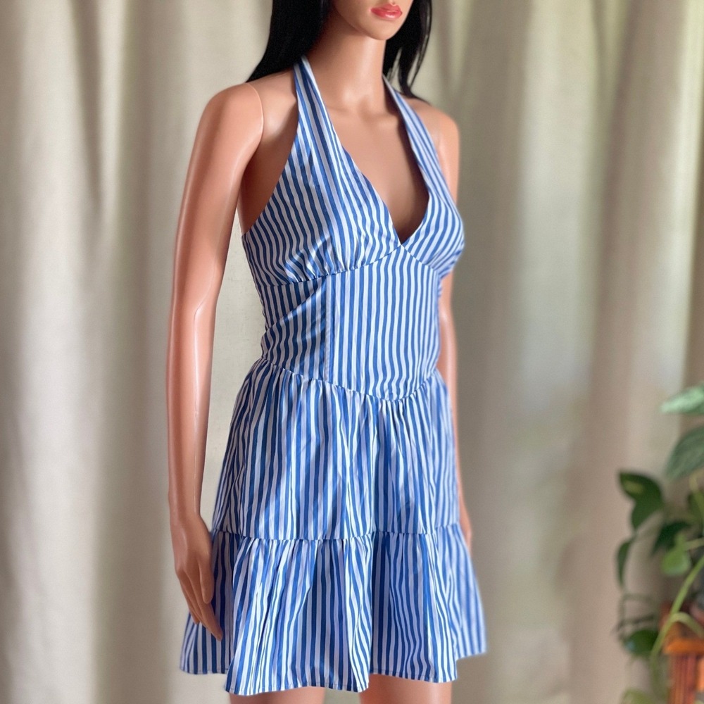 Revolve‎ More To Come Blue White Striped Halter Mini Dress Summer Preppy  M